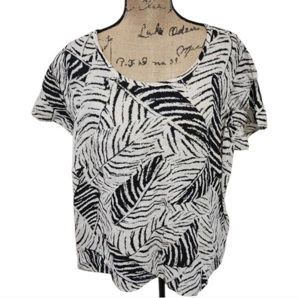 Cynthia Rowley Womens 1X Linen Tropical Leaf Print Scoop Neck Short Sleeve Top